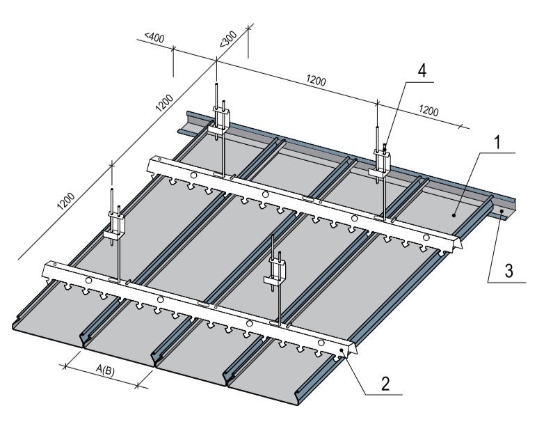 Реечный потолок Албес S-дизайн - схема монтажа, для рейки A100AS перфорированной размер модуля A(B) = 100 мм