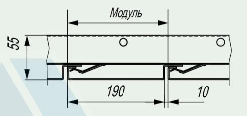 Размеры профиля при установке модуля A200C на гребенку BT-2-100 с зазором между рейками - декоративным пазом