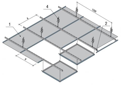 Стандартная схема установки подвесного потола с кассетами AP600AC (без усиления). 1 - кассета; 2 - стрингер BT-600; 4 - подвес