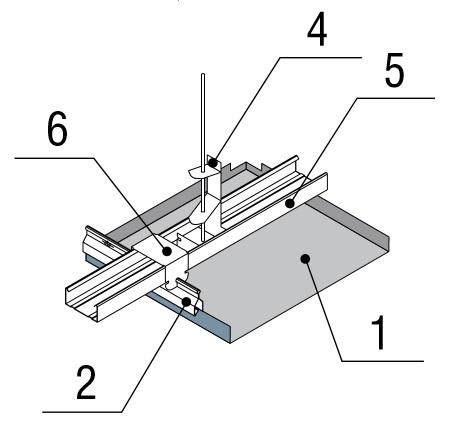 Усиленный монтаж скрытой подвесной системы потолков Албес AP600AC.  1 - металлическая кассета, 2 - гребенка ВТ-600, 4 - подвес, 5 - профиль потолочный ПП-47х26, 6 - соединитель двухуровневый ПП-47х26, 4 - анкерный подвес ПП-47х26 с тягой