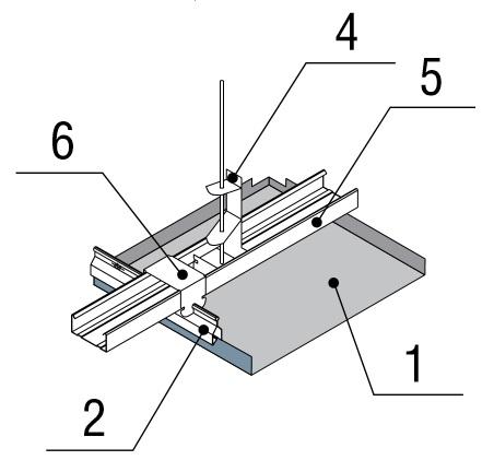 Схема установки кассет на скрытую подвесную систему с усилением. 1 - кассета; 2 - стрингер BT-600; 4 - анкерный подвес; 5 - профиль ПП 47х26; 6 - соединитель двухуровневый для ПП 47х26