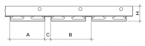 Схема гребенки (траверса) BTN. A = 85 (135 или 185 мм); C = 15 мм; B = 100 (150 или 200 мм); H = 37.5 мм - высота вместе с установленной рейки