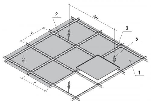 Схема установки потолочных панелей AP600A6, 1 - кассета, 2 - основная направляющая, 3 - поперечная направляющая, 5 - подвес, размеры А и В, как правило для этих потолков 600х600 или 1200х600 мм