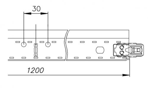 На профиле длиной 1200мм в центре находится прорезь для стыковки с другими поперечными направляющими. По бокам отверстия для крепления подвесами и усиления подвесной системы