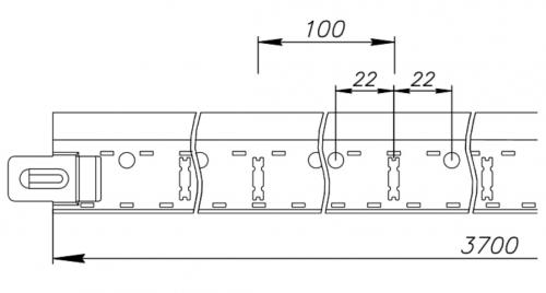 Прорези на несущем профиле Т-24/38 для крепления поперечных направляющих расположены через каждые 100мм. Рядом с каждой прорезью расположены два отверстия для подвесов