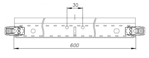 Поперечные направляющие 600 мм для подвесной системы Албес Click Prim Т-24/29 так же имеют прорезь посередине и отверстия для усиленного крепления подвесами. Это позволяет собирать конструкции с размером ячейки кратно 300 мм