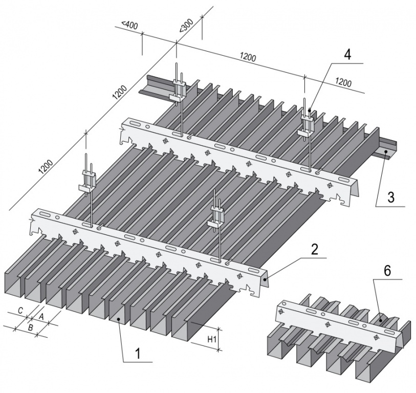 Схема установки: 1 - кубообразная рейка A25S; 2 - гребенка BT-4-70; 3 - угловой профиль; 4 - подвес; 6 - раскладе ASB70 (не обязательный элемент). Размеры: A - 37.5; B - 70; C - 32.5; H - 25 мм 