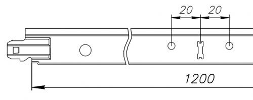 Поперечная направляющая 1200 мм имеет в центре прорезь для стыковки с другими направляющими, а так же отверстия для подвесов, что обеспечивает дополнительную прочность подвесной системы