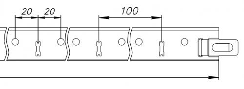 На основной направляющей через каждые 100 мм сделаны прорези для соединения с поперечными направляющими Norma T-24. По бокам от каждой прорези отверстия для крепления за подвесы