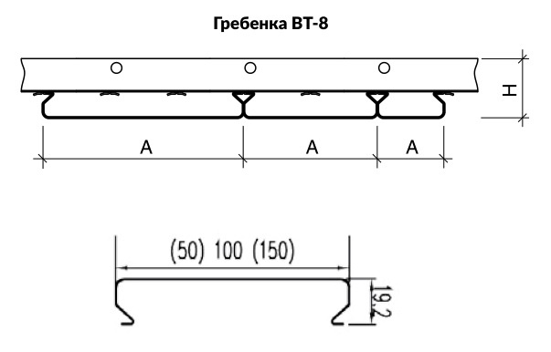 Размеры профиля А150АТ вместе с Гребенкой ВТ-8, в данном случае модуль А = 150 мм, высота профиля 19.2 мм, высота профиля и гребенки H = 45 мм