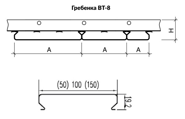 Размеры рейки на гребенке BT-8: ширина A - 100 мм, высота рейки и гребенки H - 45, высота (толщина) самого профиля - 19,2 мм Размеры рейки на гребенке BT-8: ширина A - 100 мм, высота рейки и гребенки H - 45, высота (толщина) самого профиля - 19,2 мм
