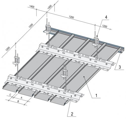 Схема монтажа реечного потолка AN85AC : A = 85мм; B = 100мм; C = 15мм. 1 - Рейка AN85/AC, 2 - Гребенка BTN, 3 - Уголок PL-19х24, 4 - Подвес
