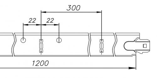 Направляющая 1200 мм имеет прорези через 300 мм, что позволяет собирать конструкции из модулей кратно 300 мм. Рядом с центральной прорезью есть отверстия для подвесов, что обеспечивает большую прочность подвесной системы