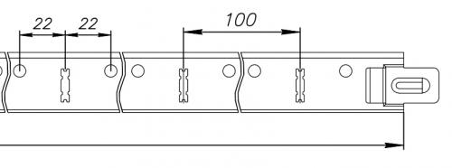 Прорези для крепления поперечных направляющих через 100 мм, по бокам, на расстоянии 22 мм, отверстия для подвесов