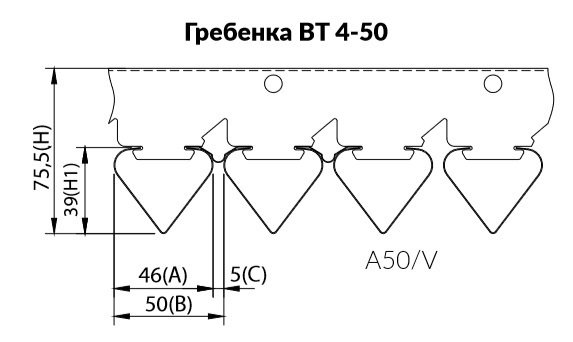 Схема установки и размеры рейки A40V на гребенку BT-4-50