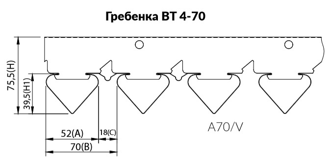 Схема установки и размеры рейки A40V на гребенку BT-4-70