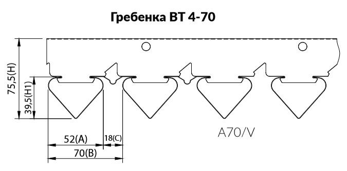 Схема установки и размеры рейки A40V на гребенку BT-4-70 Схема установки и размеры рейки A40V на гребенку BT-4-70