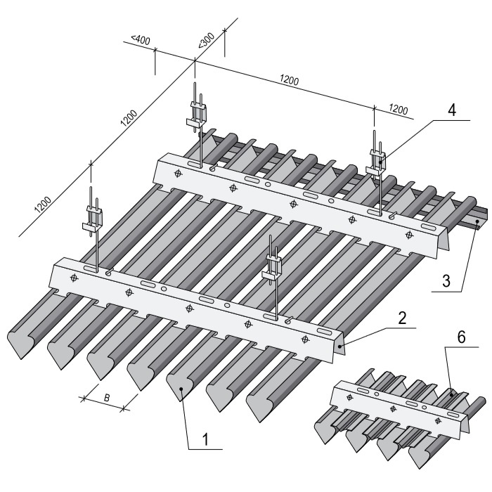 Схема монтажа дизайнерской рейки A40V: 1 - V-образная рейка; 2 - несущая гребенка BT-4-50/70; 3 - угловой профиль (устанавливается по периметру, не обязательный элемент); 4 - регулируемый подвес, так же возможно использование проволоки или жесткого подвеса; 6 - декоративная вставка (не обязательный элемент). Расстояние В = 50/70 мм в зависимости от используемой гребенки