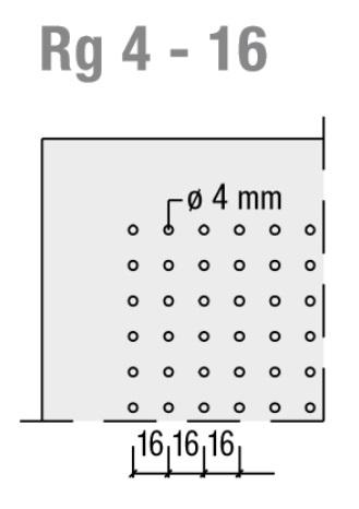 Схема перфорации RG 4-16: - Размер отверстия: 4 мм; 
Расстояние между осями отверстий: 16 мм; Вид отверстия: круглое, несквозное; Площадь перфорированной поверхности = ок. 4,9%