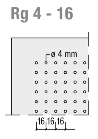 Схема перфорации RG 4-16: - Размер отверстия: 4 мм; 
Расстояние между осями отверстий: 16 мм; Вид отверстия: круглое, несквозное; Площадь перфорированной поверхности = ок. 4,9%