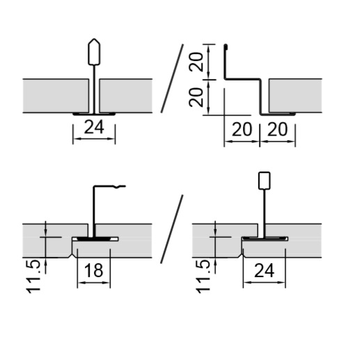 Две параллельные стороны панелей Дюна SL2 монтируется на скрытую направляющую, другие 2 стороны на угловой профиль или видимую несущую направляющую Т-24