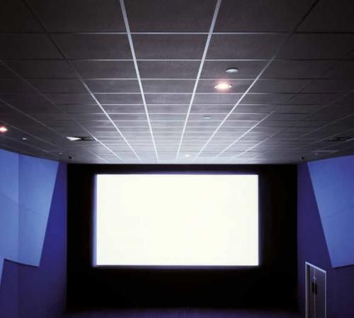 Интерьер кинотеатра с черным потолком Neeva Colortone Black (на фото панели 600х600, в размере 1200х600 будут двойные панели)