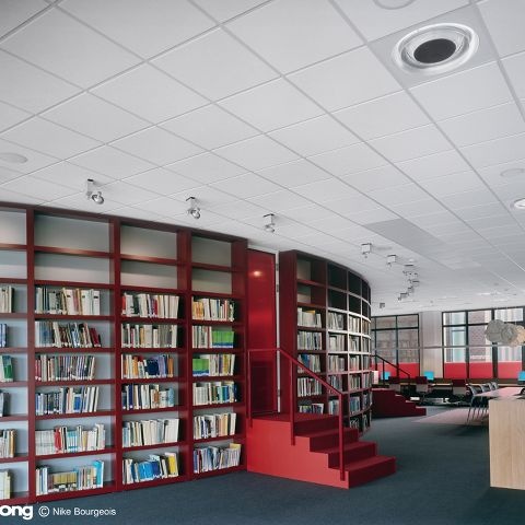 Интерьер библиотеки с потолком Армстронг Sahara Microlook BE 600х600х15