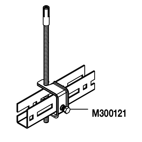 Схема крепления U-профиля с помощью зажимной скобы M300121, шпильки (резьбового стержня М6) и анкера к основанию потолка, для фиксации используются гайки М6