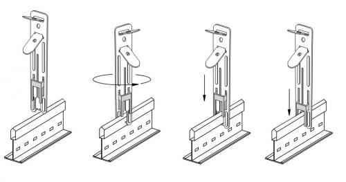 Что бы одеть подвес BPA829 на Т-профиль его необходимо немного повернуть, и тем самым раздвинуть две части зажима, а затем вернуть в исходное положение и защелкнуть