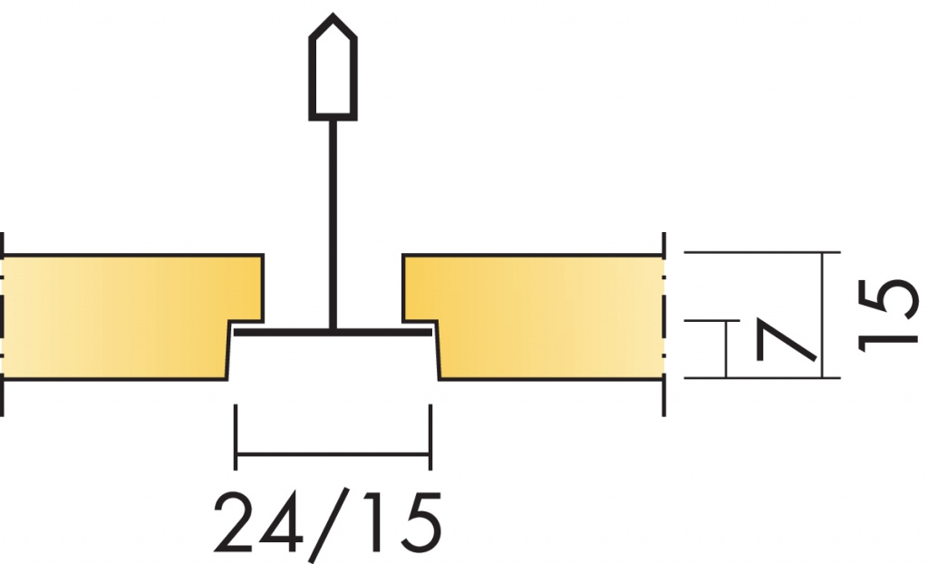 Панели Gedina E/T15 выступают относительно подвесной системы на 7 мм вниз, для этих панелей ширина системы 15 мм