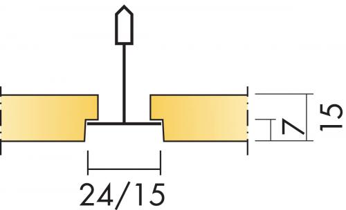 Кромка и толщина потолочных панелей Gedina Е, схема показана для двух кромок Е15 и Е24, в данном случае ширина системы 15 мм