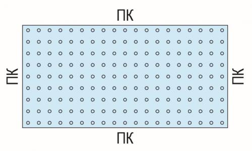 Панели КНАУФ-АКУСТИКА полноформатная ППГЗ-С3-8/15/20-КР имеют прямую кромку с 4-х сторон 4ПК. Внимание! Перфорация показана схематично.
