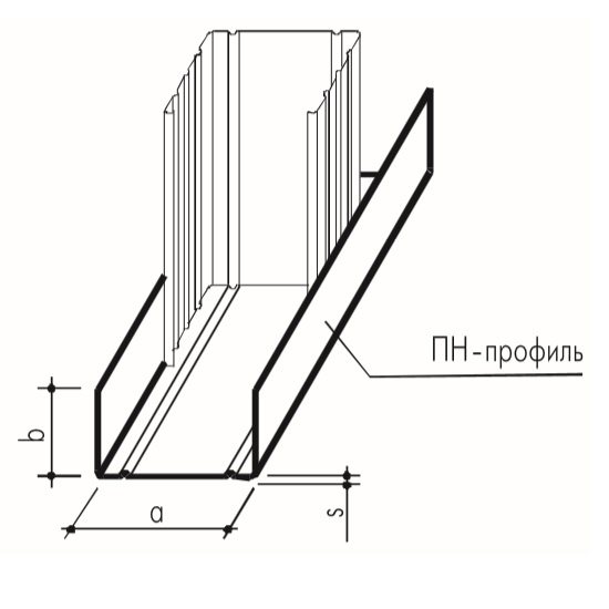Схема установки стоечного профиля в направляющий ПН. a - 50; b - 40; s - 0.6 мм
