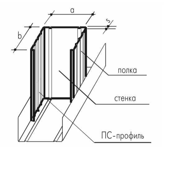 Установка стоечного профиля Кнацф ПС 50х50х3000 в направляющий. a - 50; b - 50; s - 0.6 мм